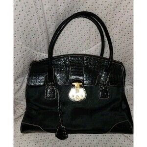 Talbots Black Calf Hair And Leather Key Lock Closure Satchel Lage Handbag